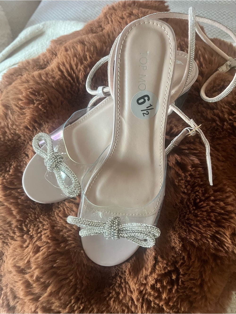 TOP Moda Blush Pink Clear-Strap Heels with Crystal Bow